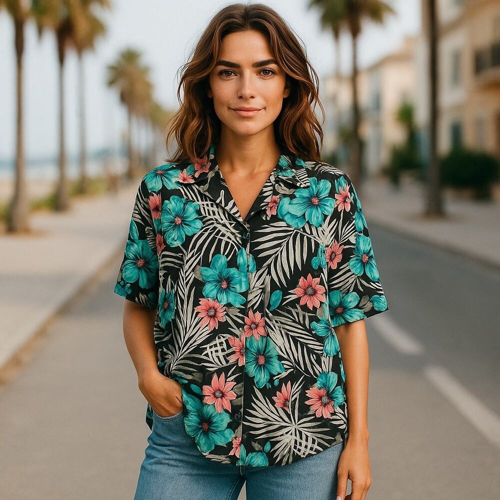 Jeri Marque‎ Womens Blouse Sz 16 Hawaiian Tropical Vintage Print Shirt Hibiscus
